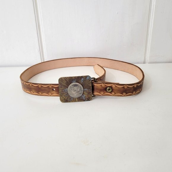 Tooled Leather Belt with Kennedy Coin Buckle - Picture 6 of 6